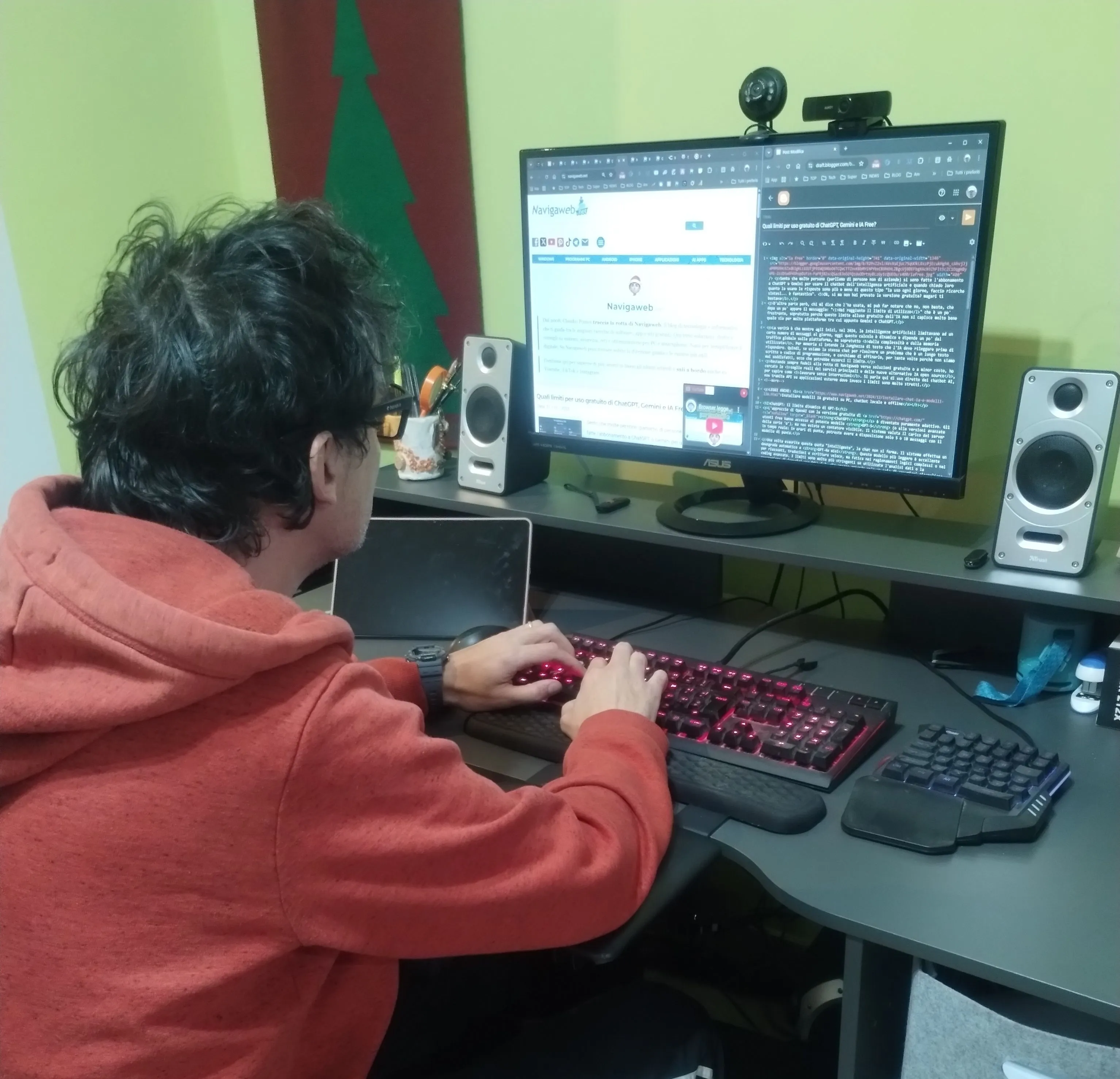 Claudio Pomes of Navigaweb typing at his computer, editing articles for the tech advice blog.