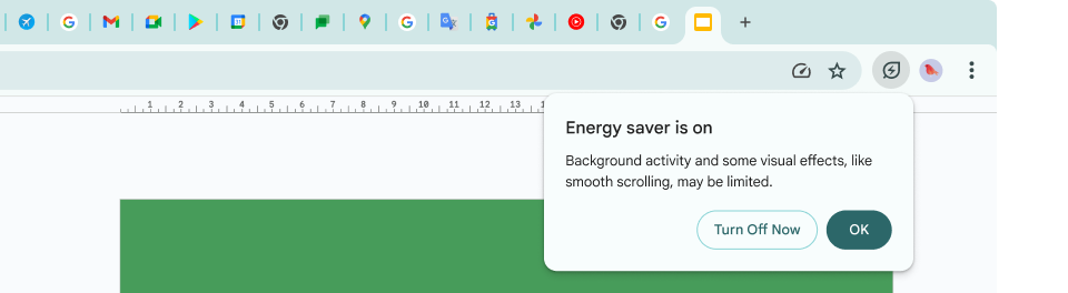 A cursor has clicked on the Energy Saver icon, which explains why background activity and some visual effects have been limited to save memory.