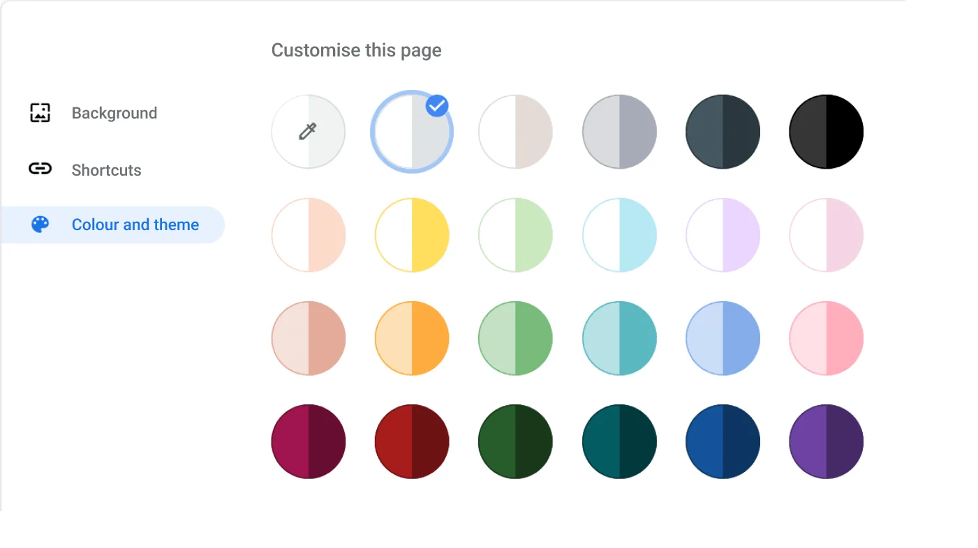 Chrome Browser settings window showing the Colour and theme dialogue.