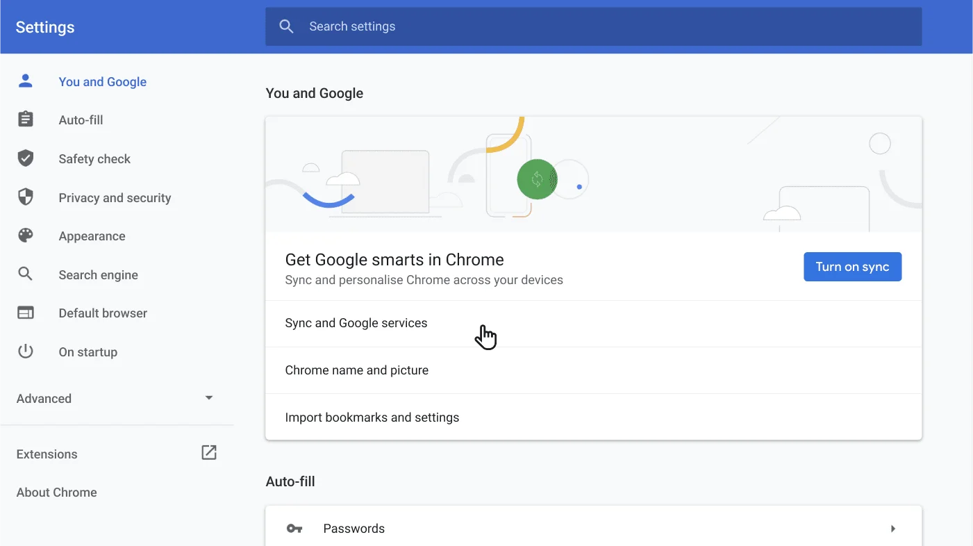 Chrome Browser settings window showing the You and Google options menu.