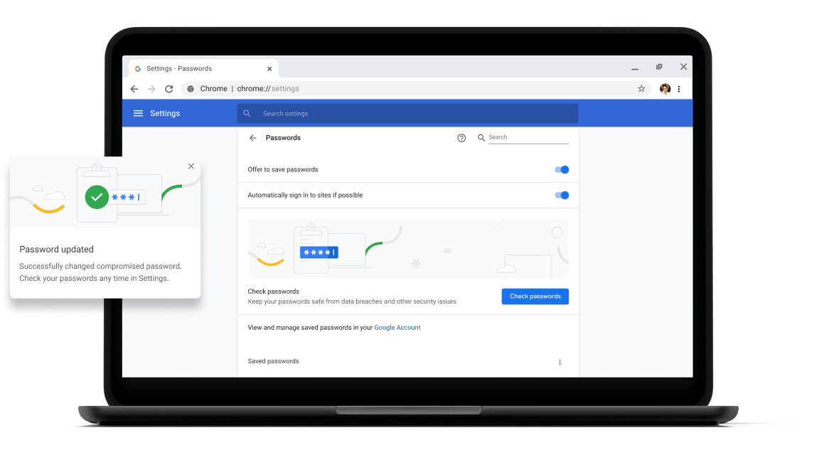 Password check Pixelbook Go laptop with screen displaying Chrome password check with a passsword update dialog box.