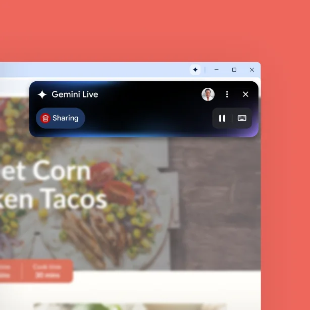 A box titled 'Gemini Live' is over the corner of a webpage. A pause button shows Gemini in Chrome listening to someone talk.