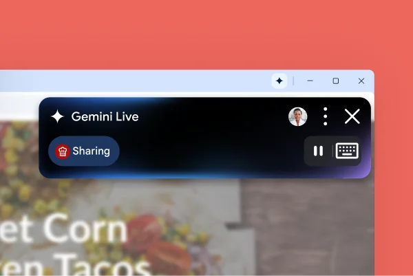 A box titled 'Gemini Live' is over the corner of a webpage. A pause button shows Gemini in Chrome listening to someone talk.