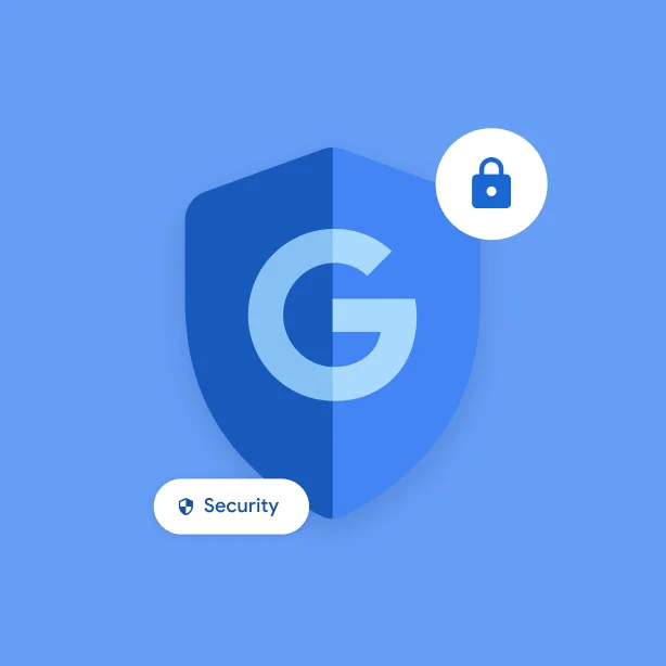 Several icons indicate Google security, including a Google G in a shield, a lock icon, and a small chip that says 'security'